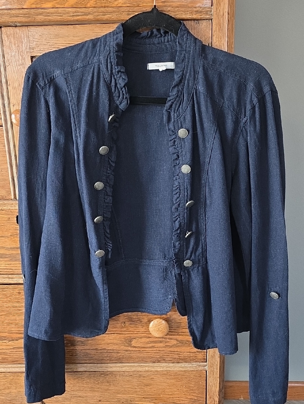 🌿 Maurices Navy Ruffled Military-Style Button Front Linen Blend Jacket |L